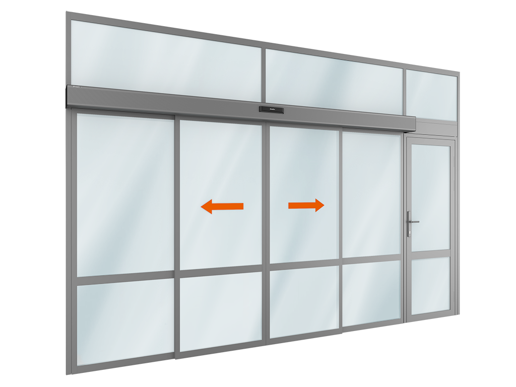 Комплект автоматической раздвижной двери (две подвижные, две неподвижные, одна распашная створки и фрамуга сверху) для привода серии ad-sp